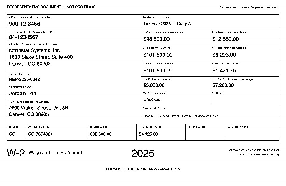 The same representative W-2 record rendered at fax quality