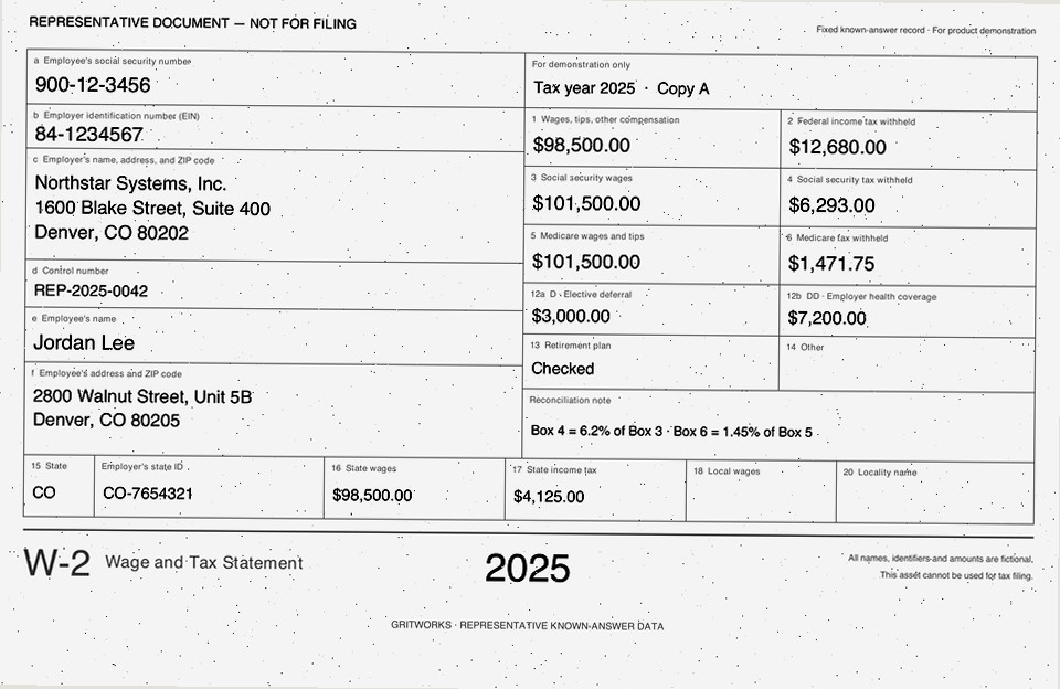 The same representative W-2 record rendered as a degraded photocopy
